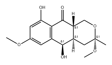 10H-Naphtho[2,3-c]pyran-10-one, 1,3,4,4a,5,10a-hexahydro-5,9-dihydroxy-3,7-dimethoxy-3-methyl-, (3R,4aS,5S,10aR)-rel-(+)- Structure