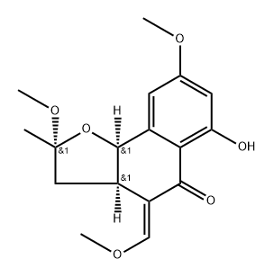 Naphtho[1,2-b]furan-5(4H)-one, 2,3,3a,9b-tetrahydro-6-hydroxy-2,8-dimethoxy-4-(methoxymethylene)-2-methyl-, (2R,3aR,4E,9bR)-rel-(-)- Structure