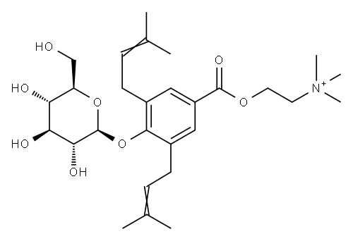 2-[[4-(β-D-Glucopyranosyloxy)-3,5-bis(3-methyl-2-butenyl)benzoyl]oxy]-N,N,N-trimethylethanaminium Struktur
