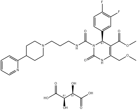5-Pyrimidinecarboxylic acid, 6-(3,4-difluorophenyl)-1,2,3,6-tetrahydro-4-(methoxymethyl)-2-oxo-1-[[[3-[4-(2-pyridinyl)-1-piperidinyl]propyl]amino]carbonyl]-, methyl ester, (6S)-, (2R,3R)-2,3-dihydroxybutanedioate (1:1) (9CI) Structure