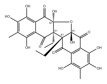 Dinaphtho[2,3-b:2',3'-d]furan-5,7,12,13-tetrone, 12a,12b-diethyl-5a,6a,12a,12b-tetrahydro-1,3,4,5a,6a,8,9,11-octahydroxy-2,10-dimethyl-, (5aS,6aS,12aS,12bS)-rel-(-)- Structure