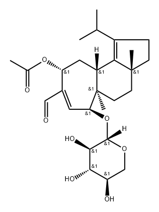 Cyclohept[e]indene-8-carboxaldehyde, 9-(acetyloxy)-2,3,3a,4,5,5a,6,9,10,10a-decahydro-3a,5a-dimethyl-1-(1-methylethyl)-6-(β-D-xylopyranosyloxy)-, (3aR,5aR,6S,9R,10aR)- Structure