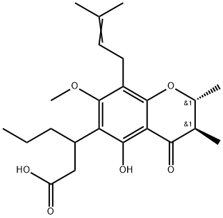 3,4-ジヒドロ-5-ヒドロキシ-2,3,8,8-テトラメチル-4-オキソ-β-プロピル-2H,8H-ベンゾ[1,2-b:3,4-b']ジピラン-6-プロパン酸 化学構造式
