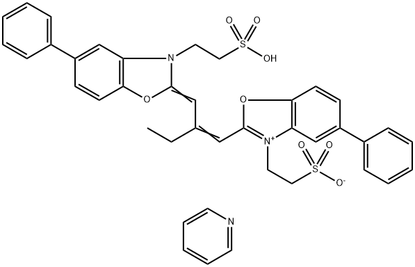 2-[5-苯基-2-[2-[5-苯基-3-(2-磺酸根乙基)苯并唑啉-2-亚基甲基]-1-丁烯基]-3-苯并唑啉基]乙磺吡啶5/2水合物, 41665-49-0, 结构式