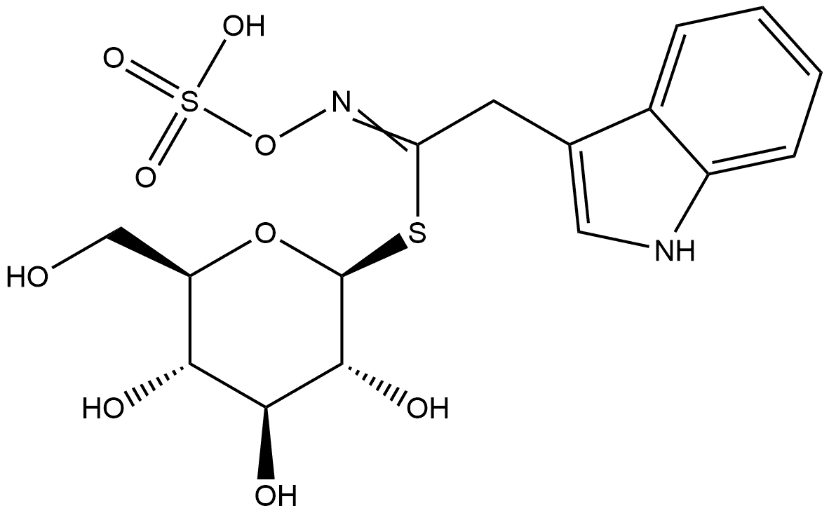 1-S-[1-(スルホオキシイミノ)-2-(1H-インドール-3-イル)エチル]-1-チオ-β-D-グルコピラノース 化学構造式
