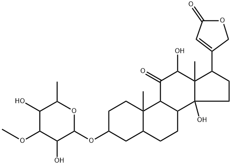 3β-[(6-デオキシ-3-O-メチル-D-ガラクトピラノシル)オキシ]-12β,14-ジヒドロキシ-11-オキソ-5β-カルダ-20(22)-エノリド 化学構造式