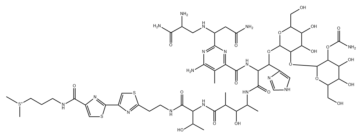 3-[[2-[2-[2-[[2-[[4-[[2-[[6-amino-2-[1-[(2-amino-2-carbamoyl-ethyl)ami no]-2-carbamoyl-ethyl]-5-methyl-pyrimidine-4-carbonyl]amino]-3-[3-[4-c arbamoyloxy-3,5-dihydroxy-6-(hydroxymethyl)oxan-2-yl]oxy-4,5-dihydroxy -6-(hydroxymethyl)oxan-2-yl]oxy-3-(3H-imidazol-4-yl)propanoyl]amino]-3 -hydroxy-2-methyl-pentanoyl]amino]-3-hydroxy-butanoyl]amino]ethyl]-1,3 -thiazol-4-yl]1,3-thiazole-4-carbonyl]amino]propyl-dimethyl-sulfanium Struktur