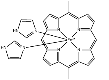 Iron(1+), bis(1H-imidazole-N3)5,10,15,20-tetramethyl-21H,23H-porphinato(2-)-N21,N22,N23,N24-, (OC-6-12)- Struktur