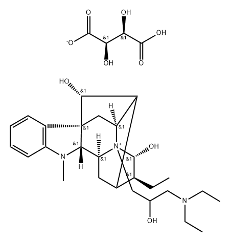 Ajmalanium, 4-(3-(diethylamino)-2-hydroxypropyl)-17,21-dihydroxy-, (17 R,21alpha)-, salt with (2R,3R)-2,3-dihydroxybutanedioic acid (1:1), mo nohydrate Struktur