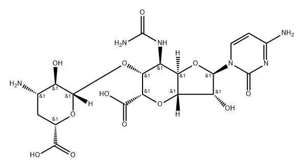 5-カルバモイルアミノ-6-O-(3-アミノ-3,4-ジデオキシ-β-D-xylo-ヘキソピラヌロノシル)-1-(4-アミノ-1,2-ジヒドロ-2-オキソピリミジン-1-イル)-3,7-アンヒドロ-1,5-ジデオキシ-β-D-threo-D-allo-オクトフラヌロン酸 化学構造式