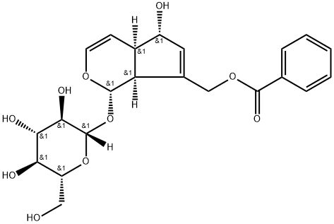 (1S)-7-[(ベンゾイルオキシ)メチル]-1,4aα,5,7aα-テトラヒドロ-5α-ヒドロキシシクロペンタ[c]ピラン-1-イルβ-D-グルコピラノシド 化学構造式