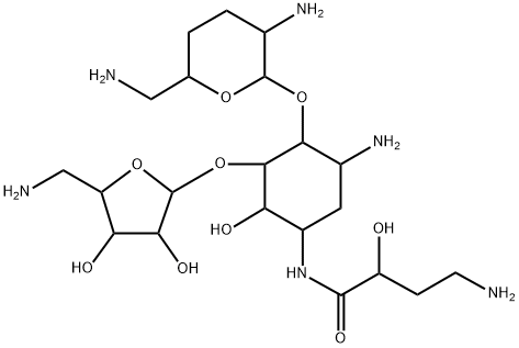 5-O-(5-Amino-5-deoxy-β-D-xylofuranosyl)-4-O-(2,6-diamino-2,3,4,6-tetradeoxy-α-D-erythro-hexopyranosyl)-N1-[(S)-4-amino-2-hydroxybutyryl]-2-deoxy-D-streptamine Struktur