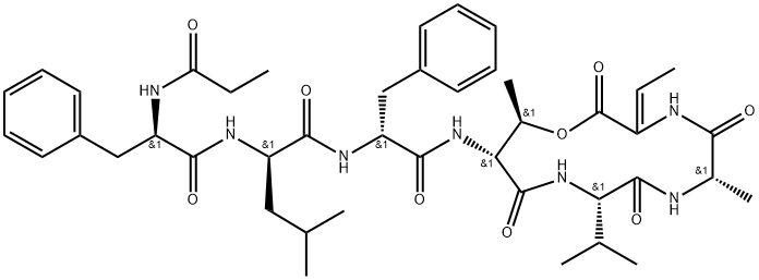 N-(N-Propionyl-D-Phe-D-Leu-L-Phe-)cyclo(L-Thr*-L-Val-L-Ala-3-methyl-ΔAla-) 结构式