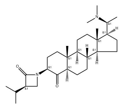 (3R)-1-[(20S)-20-(ジメチルアミノ)-4-オキソ-5α-プレグナン-3β-イル]-3-イソプロピルアゼチジン-2-オン 化学構造式