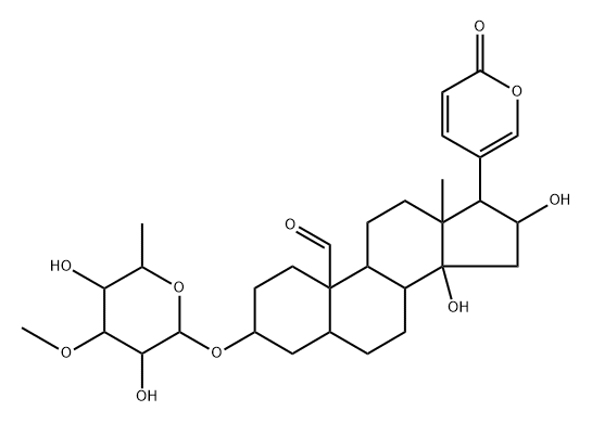 3β-[(6-デオキシ-3-O-メチル-D-グルコピラノシル)オキシ]-14,16β-ジヒドロキシ-19-オキソ-5α-ブファ-20,22-ジエノリド 化学構造式