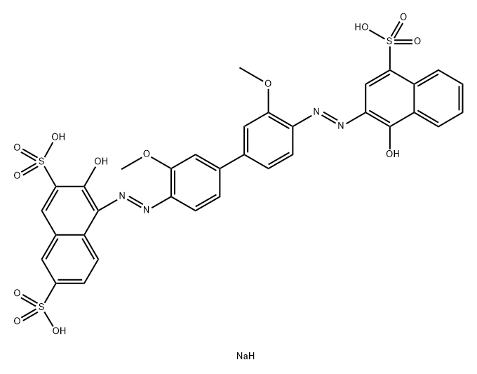 3-ヒドロキシ-4-[[4'-[(1-ヒドロキシ-4-スルホ-2-ナフチル)アゾ]-3,3'-ジメトキシ-1,1'-ビフェニル-4-イル]アゾ]-2,7-ナフタレンジスルホン酸三ナトリウム 化学構造式