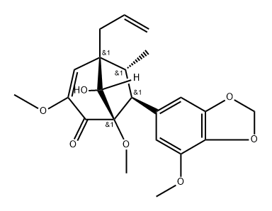 (1R,8-syn)-8-Hydroxy-1,3-dimethoxy-7β-(7-methoxy-1,3-benzodioxol-5-yl)-6α-methyl-5α-allylbicyclo[3.2.1]oct-3-en-2-one 结构式
