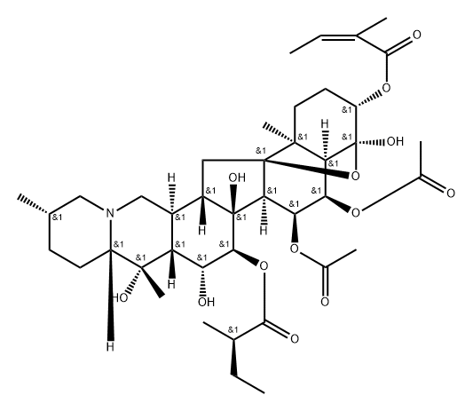 6α,7α-Diacetoxy-4α,9-epoxy-15α-[(R)-2-methyl-1-oxobutoxy]-3β-[[(Z)-2-methyl-1-oxo-2-butenyl]oxy]cevane-4,14,16β,20-tetrol Struktur