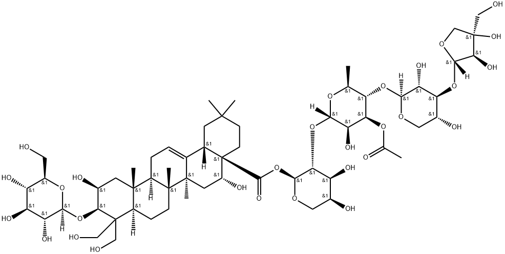 Olean-12-en-28-oic acid, 3-(β-D-glucopyranosyloxy)-2,16,23,24-tetrahydroxy-, O-D-apio-β-D-furanosyl-(1→3)-O-β-D-xylopyranosyl-(1→4)-O-3-O-acetyl-6-deoxy-α-L-mannopyranosyl-(1→2)-α-L-arabinopyranosyl ester, (2β,3β,16α)- Structure
