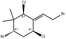 rel-(4E)-1α*-ブロモ-4-(2-ブロモエチリデン)-3β*,5β*-ジクロロ-2,2-ジメチルシクロヘキサン 化学構造式