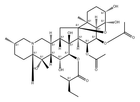 4α,9-エポキシセバン-3β,4,6α,7α,14,15α,16β,20-オクタオール6,7-ジアセタート15-[(R)-2-メチルブタノアート] 化学構造式