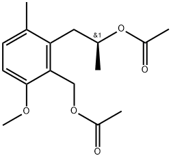 (S)-2-[(アセチルオキシ)メチル]-3-メトキシ-α,6-ジメチルベンゼンエタノールアセタート 化学構造式
