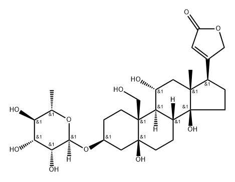 3β-[(6-Deoxy-α-L-mannopyranosyl)oxy]-5,11α,14,19-tetrahydroxy-5β-card-20(22)-enolide 结构式