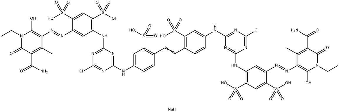 4，4’-ビス［4-｛5-（5-カルバモイル-1-エチル-2-ヒドロキシ-4-メチル-6-オキソピリジン-3-イル）アゾ-2，4-ジスルホフエニル｝アミノ-6-クロロ-1，3，5-トリアジン-2-イル］アミノ-2，2’-ジスルホスチルベンの六ナトリウム塩 化学構造式