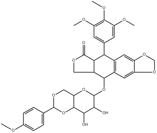 (5R,5aα)-5α,8,8aβ,9α-Tetrahydro-9β-[[4-O,6-O-(p-methoxybenzylidene)-β-D-glucopyranosyl]oxy]-5β-(3,4,5-trimethoxyphenyl)furo[3',4':6,7]naphtho[2,3-d]-1,3-dioxol-6(5aH)-one 结构式