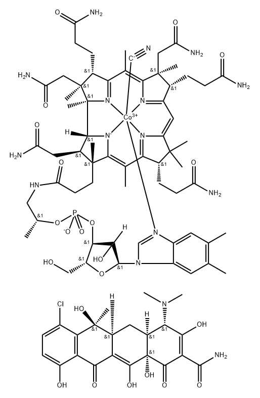 Vitamin B12 mixture with [4S(4a,4aa,5aa,6,12aa)]-7-chloro-4-(dimethylamino)-1,4,4a,5,5a,6,11,-12a-octahydro-3,6,10,12,12a penta-hydroxy-6-methyl-1,11-dioxo-2-naphthacencarbonamide (control for chlorotetracycline)|