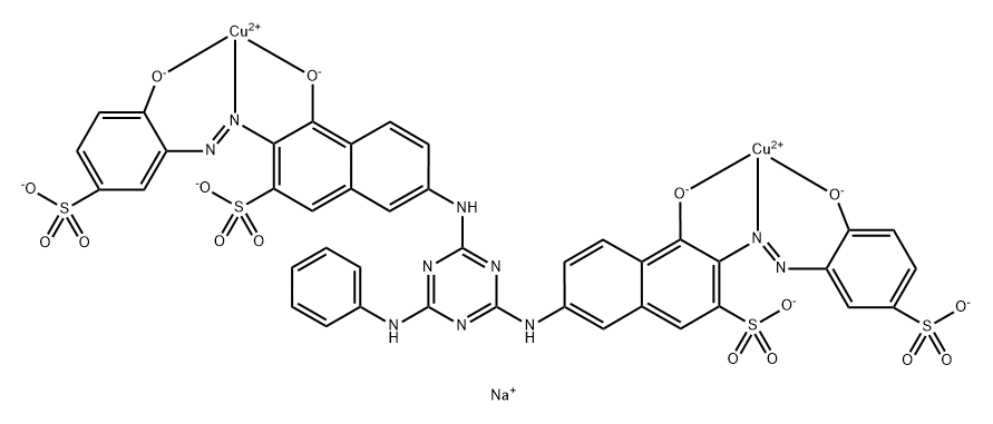 テトラナトリウム＝4，4’-ジヒドロキシ-3，3’-ビス（2-ヒドロキシ-5-スルホナトフェニルアゾ）-7，7’-（6-アニリノ-1，3，5-トリアジン-2，4-ジイルジイミノ）ジ-2-ナフタレンスルホナートの2：1型銅（II）錯塩 化学構造式