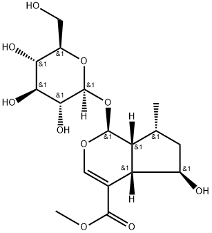 (1S)-1α-(β-D-グルコピラノシルオキシ)-1,4aα,5,6,7,7aα-ヘキサヒドロ-5α-ヒドロキシ-7β-メチルシクロペンタ[c]ピラン-4-カルボン酸メチル 化学構造式