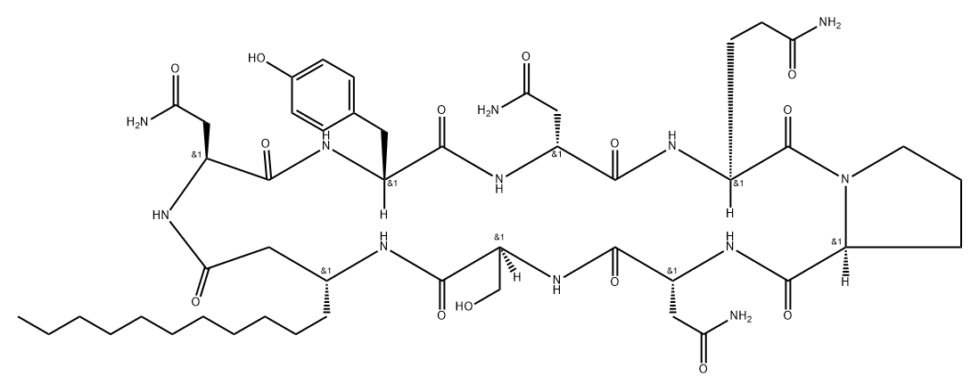 シクロ[D-Tyr-D-Asp(NH2)-L-Glu(NH2)-L-Pro-D-Asp(NH2)-L-Ser-3-ウンデシル-βAla-L-Asp(NH2)-] 化学構造式