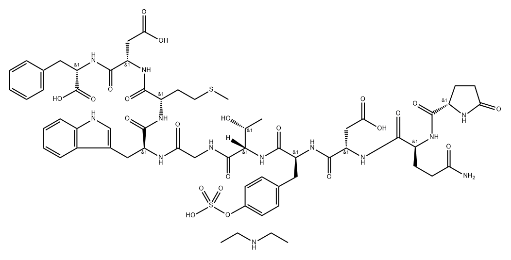 5-オキソ-L-Pro-L-Gln-L-αAsp-O-スルホ-L-Tyr-L-Thr-Gly-L-Trp-L-Met-L-αAsp-L-Phe-OH/N-エチルエタンアミン,(1:x) 化学構造式