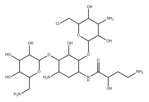 6-O-(3-アミノ-6-クロロ-3,6-ジデオキシ-α-D-グルコピラノシル)-4-O-(6-アミノ-6-デオキシ-α-D-グルコピラノシル)-N1-[(S)-4-アミノ-2-ヒドロキシブチリル]-2-デオキシ-D-ストレプタミン 化学構造式