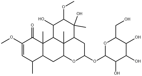 16α-(β-D-グルコピラノシルオキシ)-11α,13-ジヒドロキシ-2,12β-ジメトキシピクラサ-2-エン-1-オン 化学構造式