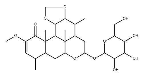 16α-(β-D-グルコピラノシルオキシ)-2-メトキシ-11α,12β-[メチレンビス(オキシ)]ピクラサ-2-エン-1-オン 化学構造式