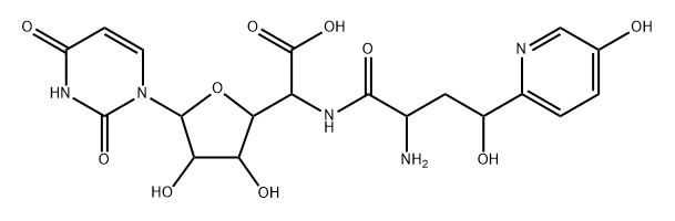5-[[2-アミノ-4-ヒドロキシ-4-(5-ヒドロキシピリジン-2-イル)-1-オキソブチル]アミノ]-1-(3,4-ジヒドロ-2,4-ジオキソピリミジン-1(2H)-イル)-1,5-ジデオキシ-β-D-アロフラヌロン酸 化学構造式