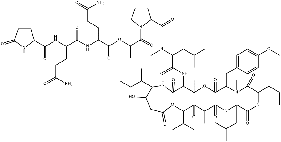 N-(5-Oxo-L-Pro-L-Gln-L-Gln-L-Lac-L-Pro-N-methyl-D-Leu-)cyclo[L-Thr*-[(3S,4R)-3-hydroxy-4-[(S)-1-methylpropyl]-γAbu-]-[(2S,4S)-4-hydroxy*-2,5-dimethyl-3-oxohexanoyl]-L-Leu-L-Pro-N,O-dimethyl-L-Tyr-] Structure