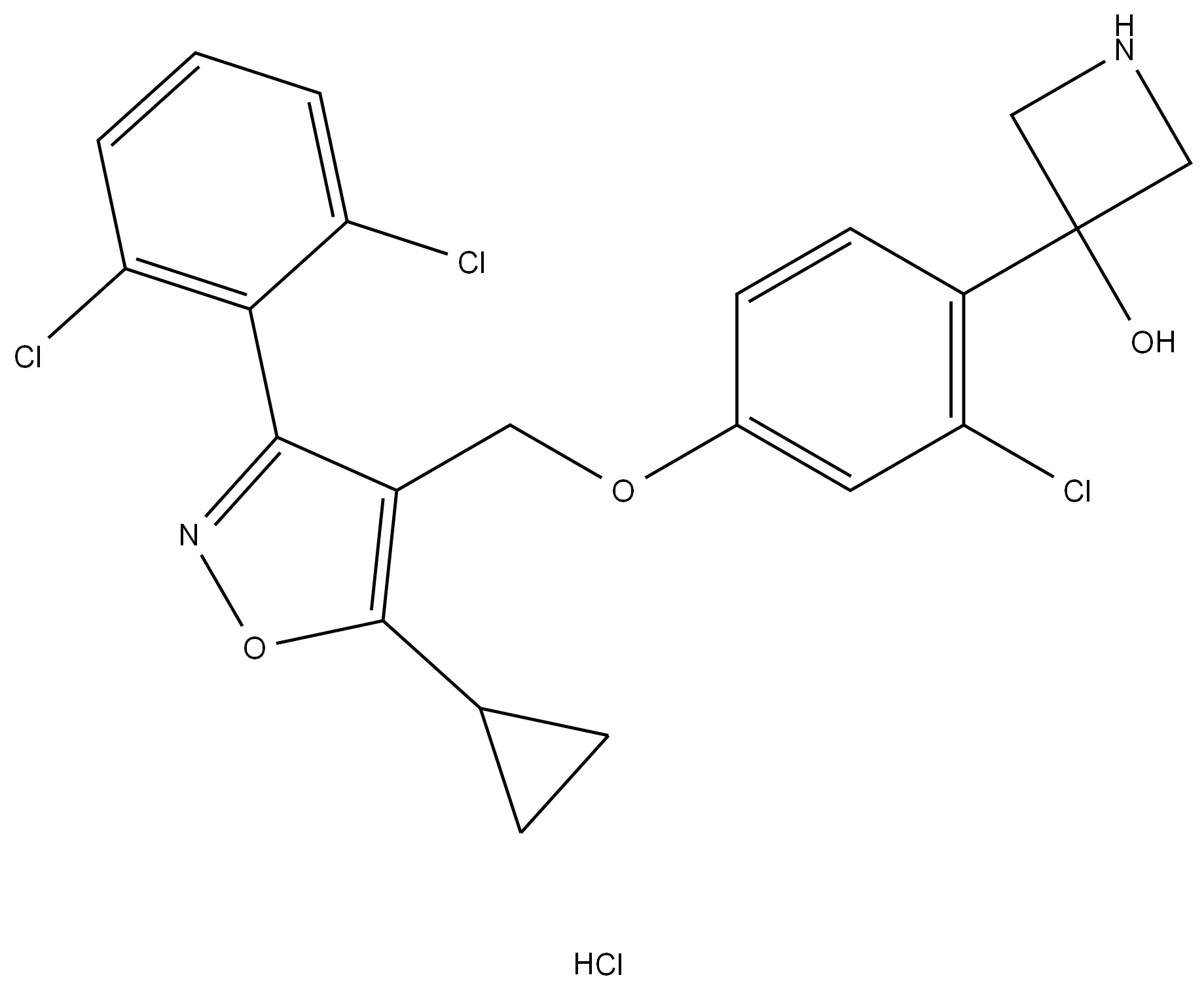 3-(2-chloro-4-((5-cyclopropyl-3-(2,6-dichlorophenyl)isoxazol-4-yl)methoxy)phenyl)azetidin-3-ol hydrochloride Structure