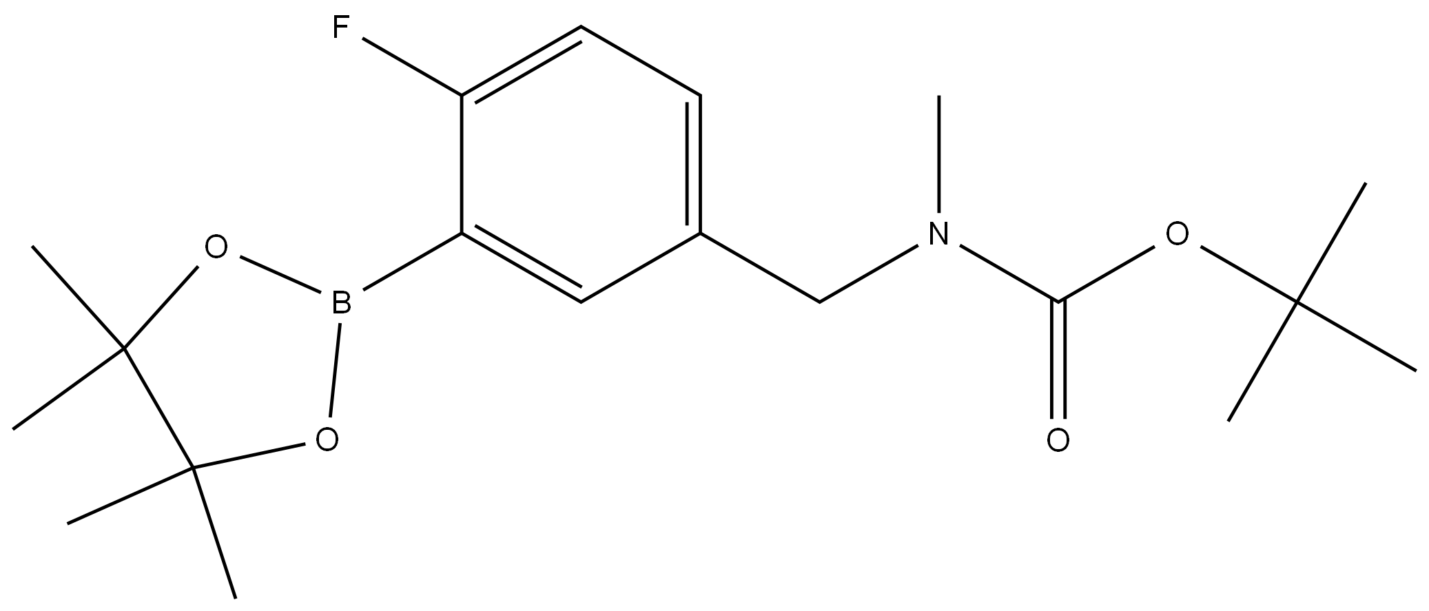4-氟-3-(4,4,5,5-四甲基-1,3,2-二氧硼杂环戊烷-2-基)苄基(甲基)氨基甲酸叔丁酯 结构式