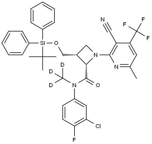 (2S,3R)-3-(((tert-butyldiphenylsilyl)oxy)methyl)-N-(3-chloro-4-fluorophenyl)-1-(3-cyano-6-methyl-4-(trifluoromethyl)pyridin-2-yl)-N-(methyl-d3)azetidine-2-carboxamide Structure