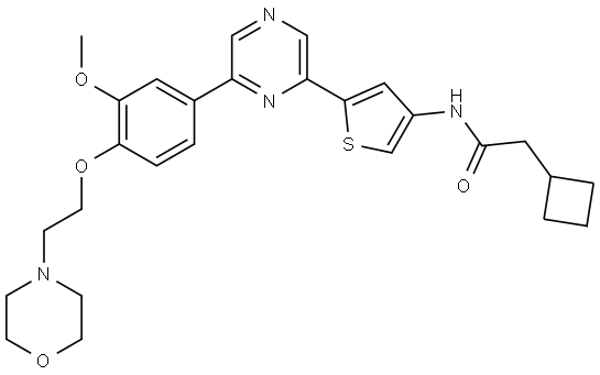 2-cyclobutyl-N-(5-(6-(3-methoxy-4-(2-morpholinoethoxy)phenyl)pyrazin-2-yl)thiophen-3-yl)acetamide 结构式