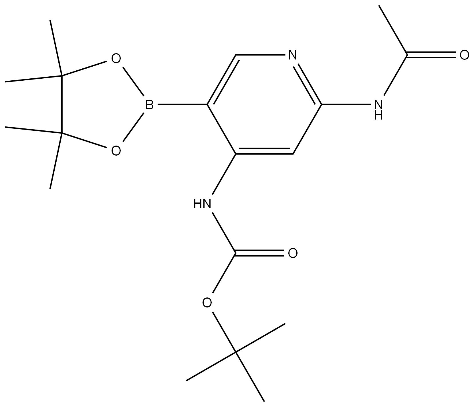 (2-乙酰氨基-5-(4,4,5,5-四甲基-1,3,2-二氧杂硼杂环戊烷-2-基)吡啶-4-基)氨基甲酸叔丁酯 结构式