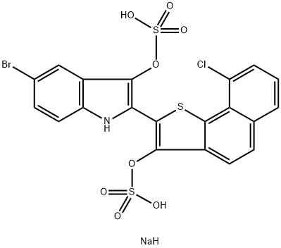 5-溴-2-[9-氯-3-(磺酸基氧基)萘并[1,2-B]噻吩-2-基]-1H-吲哚-3-基硫酸酯二钠盐 结构式