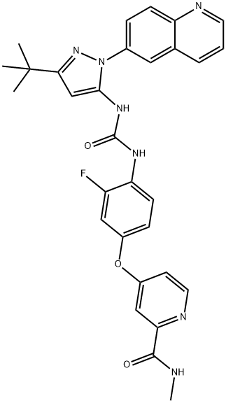 N-[3-tert-Butyl-1-(quinolin-6-yl)-1H-pyrazol-5-yl]-N'-[2-fluoro-4-[(2-(methylcarbamoyl)pyridin-4-yl)oxy]phenyl]urea Structure