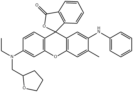 6'-[Ethyl[(tetrahydrofuran-2-yl)methyl]amino]-3'-methyl-2'-anilinospiro[isobenzofuran-1(3H),9'-[9H]xanthene]-3-one 结构式