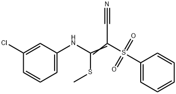 (Z)-3-(3-chloroanilino)-3-(methylsulfanyl)-2-(phenylsulfonyl)-2-propenenitrile Struktur