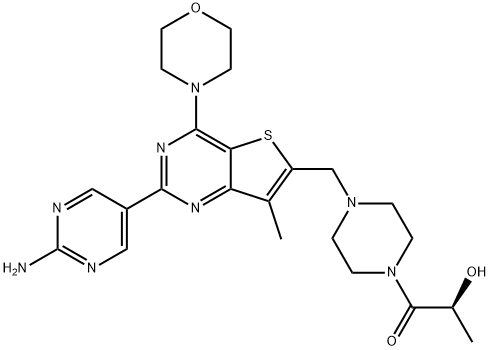 (S)-1-[4-[[2-(2-Aminopyrimidin-5-yl)-7-methyl-4-(morpholin-4-yl)thieno[3,2-d]pyrimidin-6-yl]methyl]piperazin-1-yl]-2-hydroxypropan-1-one Struktur