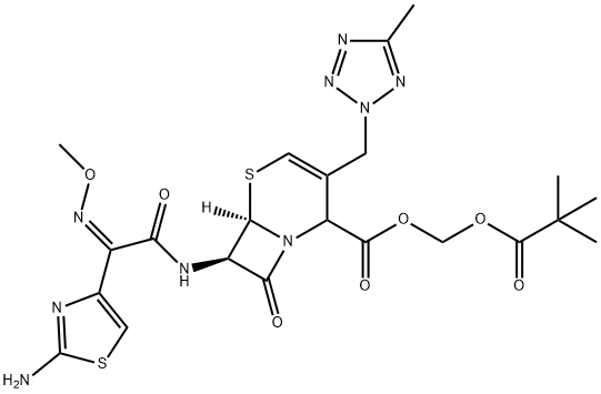(6R,7R)-7-[(Z)-2-(2-アミノチアゾール-4-イル)-2-メトキシイミノアセチルアミノ]-3-[(5-メチル-2H-テトラゾール-2-イル)メチル]-8-オキソ-5-チア-1-アザビシクロ[4.2.0]オクタ-3-エン-2-カルボン酸ピバロイルオキシメチル 化学構造式
